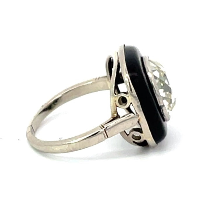Side view of Antique 4.30ct Cushion Cut Diamond Engagement Ring, Onyx Halo, 18K White Gold
