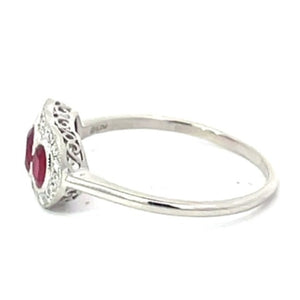 Side view of 0.75ct Oval Cut Ruby Cocktail Ring, Diamond Halo, Platinum