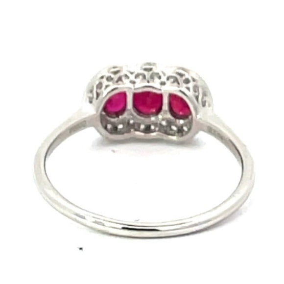 Front view of 0.75ct Oval Cut Ruby Cocktail Ring, Diamond Halo, Platinum