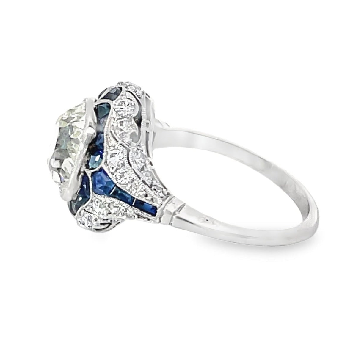 Side view of 3.38ct Antique Cushion Cut Diamond Engagement Ring, Platinum