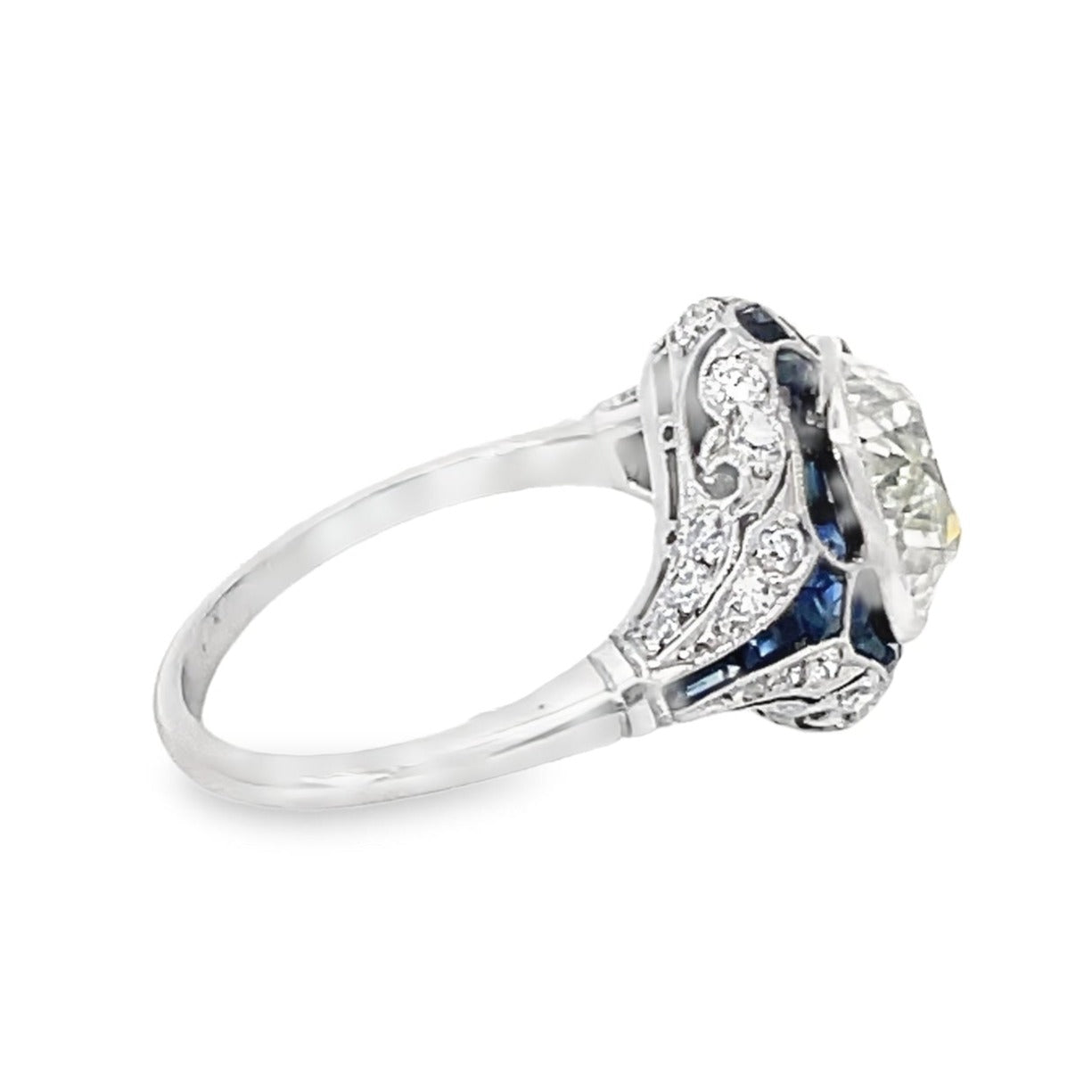 Side view of 3.38ct Antique Cushion Cut Diamond Engagement Ring, Platinum