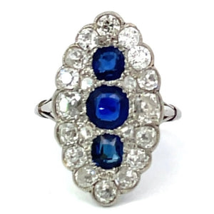 Front view of Antique 1.00ct Natural Sapphire Cocktail Ring, Diamond Halo, Platinum