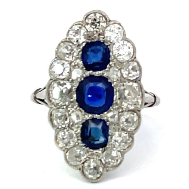 Front view of Antique 1.00ct Natural Sapphire Cocktail Ring, Diamond Halo, Platinum