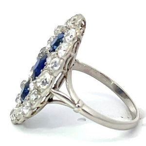 Side view of Antique 1.00ct Natural Sapphire Cocktail Ring, Diamond Halo, Platinum