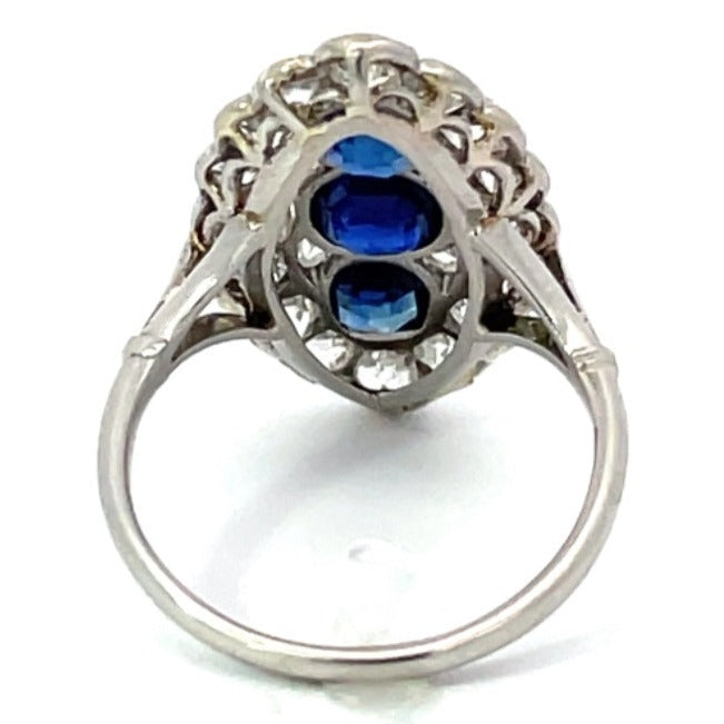 Back view of Antique 1.00ct Natural Sapphire Cocktail Ring, Diamond Halo, Platinum