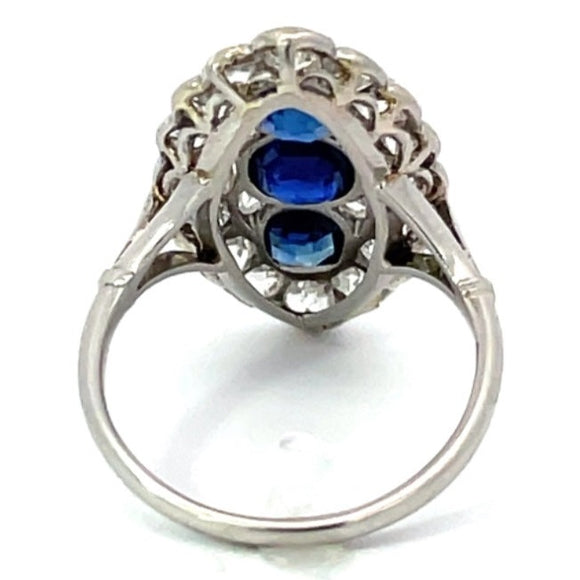 Front view of Antique 1.00ct Natural Sapphire Cocktail Ring, Diamond Halo, Platinum