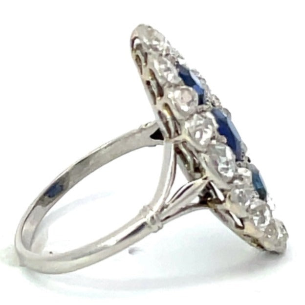 Side view of Antique 1.00ct Natural Sapphire Cocktail Ring, Diamond Halo, Platinum