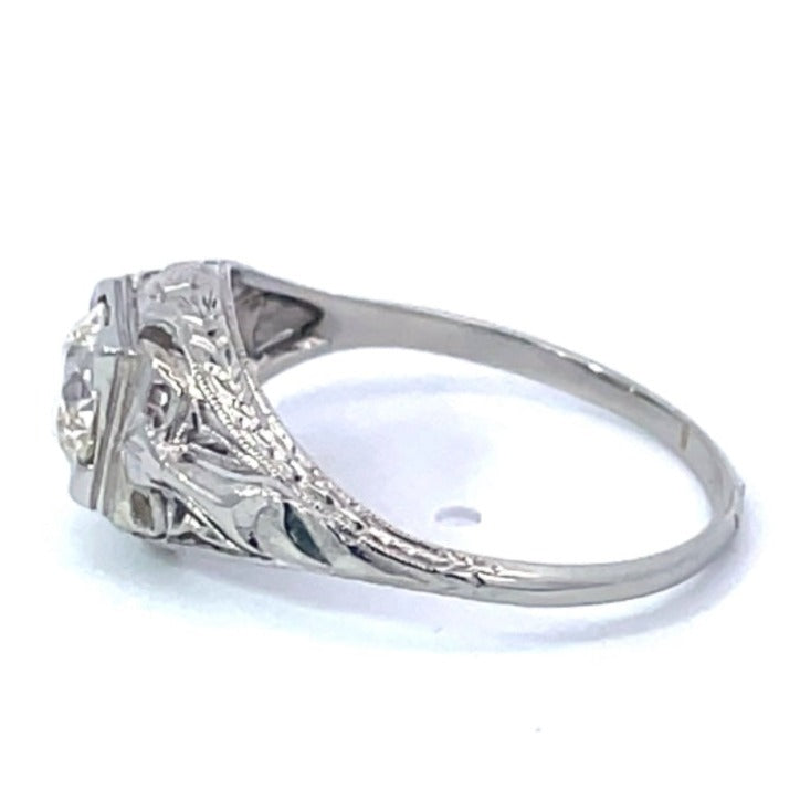 Side view of Vintage 0.71ct Old European Cut Diamond Engagement Ring, VS1 Clarity, 18k White Gold