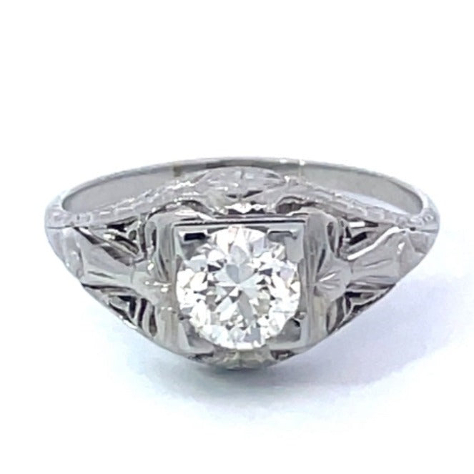 Front view of Vintage 0.71ct Old European Cut Diamond Engagement Ring, VS1 Clarity, 18k White Gold