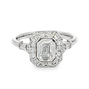 Front view of GIA 0.71ct Emerald Cut Diamond Engagement Ring, Diamond Halo, Platinum