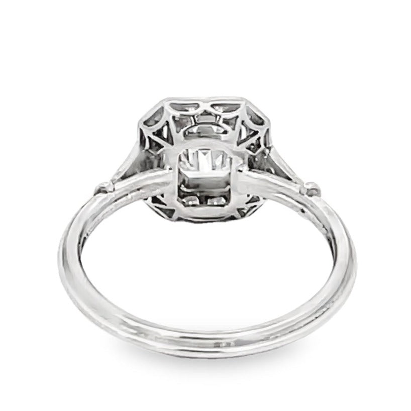 Back view of GIA 0.71ct Emerald Cut Diamond Engagement Ring, Diamond Halo, Platinum