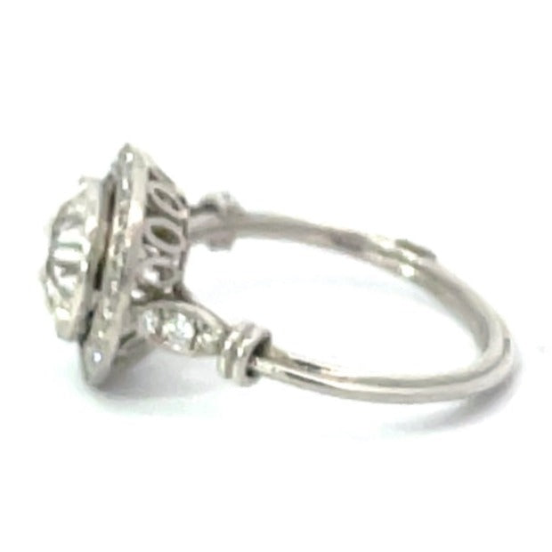 Side view of 2.25ct Old European Cut Diamond Engagement Ring, VS1 Clarity, Diamond Halo, Platinum