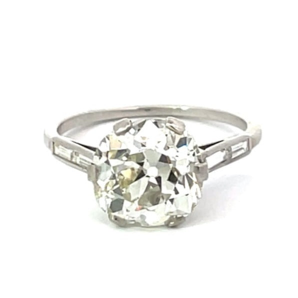 Front view of Antique 3.90ct Old Mine Cut Diamond Engagement Ring, Platinum, Solitaire