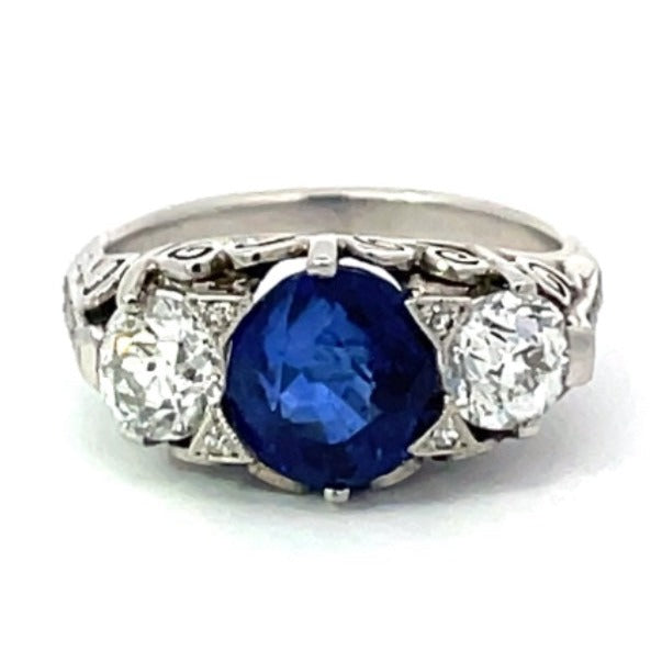 Front view of GIA 3.06ct Sapphire Ring & 1.20ct Diamond Engagement Ring, Platinum, Three Stone