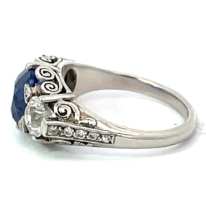 Side view of GIA 3.06ct Sapphire Ring & 1.20ct Diamond Engagement Ring, Platinum, Three Stone