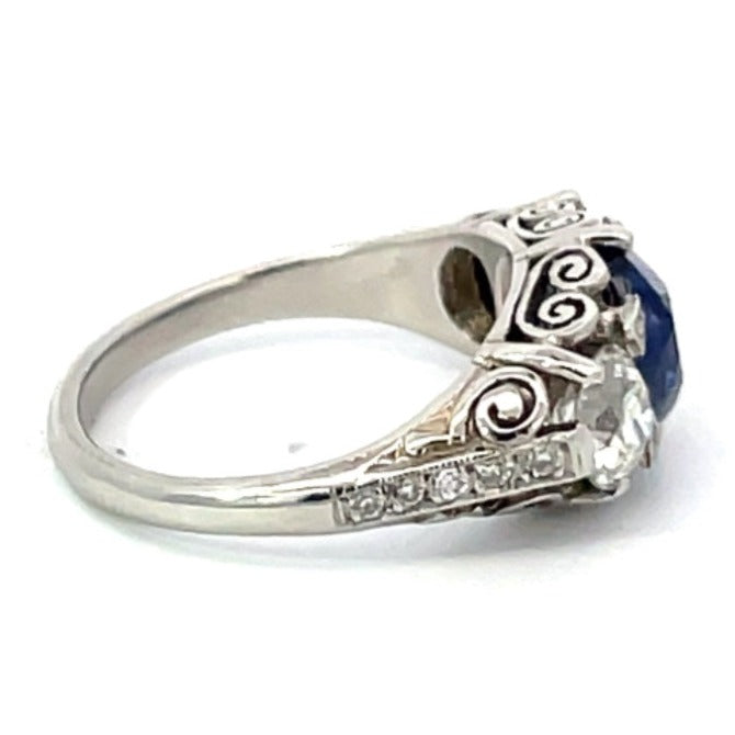 Side view of GIA 3.06ct Sapphire Ring & 1.20ct Diamond Engagement Ring, Platinum, Three Stone