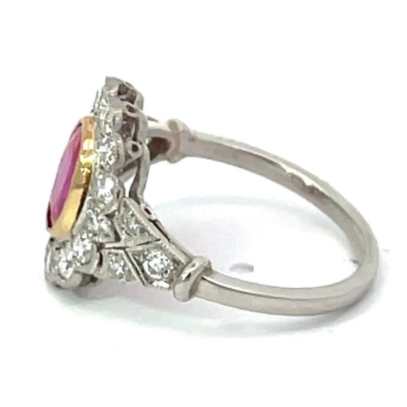 Side view of GIA 1.26ct Oval Cut Natural Burma Ruby Cluster Ring, Diamond Halo, 18k Yellow Gold & Platinum