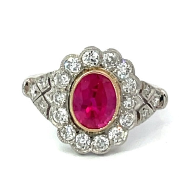 Front view of GIA 1.26ct Oval Cut Natural Burma Ruby Cluster Ring, Diamond Halo, 18k Yellow Gold & Platinum