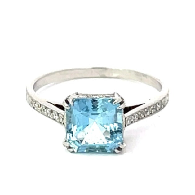 Front view of 1.39ct Asscher Cut Aquamarine Engagement Ring, Platinum