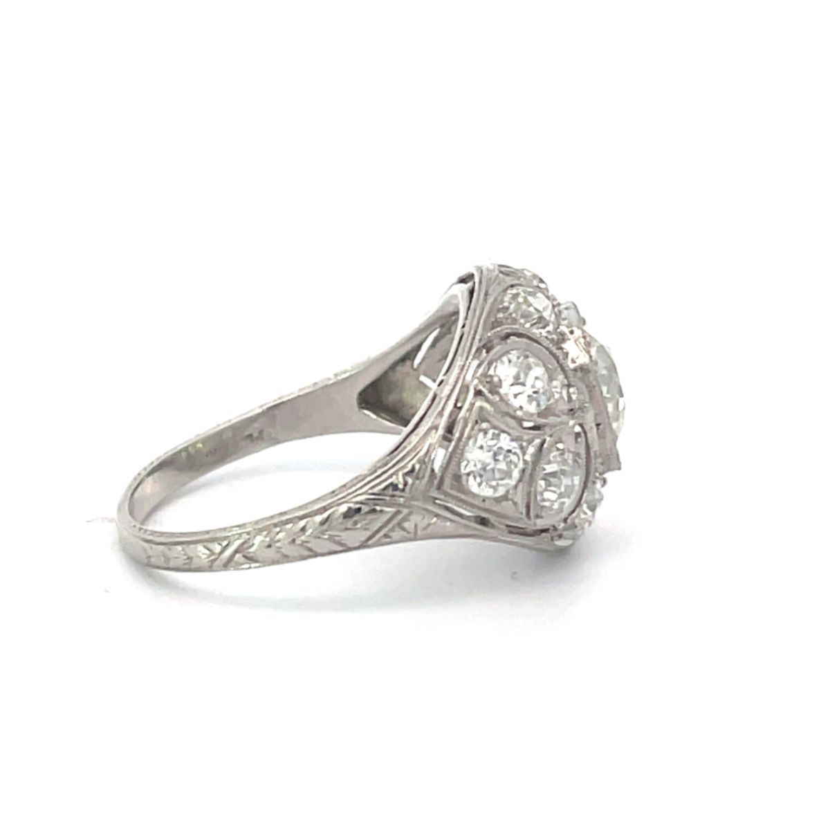 Side view of Antique 1.08ct Antique Cushion Cut Diamond Engagement Ring, I Color, Platinum