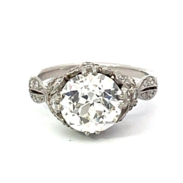 Front view of 2.97ct Old European Cut Diamond Engagement Ring, I color, Platinum