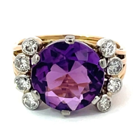 Front view of Vintage 5.00ct Round Cut Natural Amethyst Cocktail Ring, 18k Yellow Gold