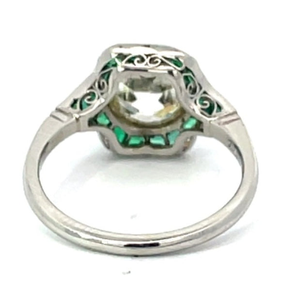 Front view of 2.06ct Old European Cut Diamond Engagement Ring, VS1 Clarity, Emerald Halo, Platinum