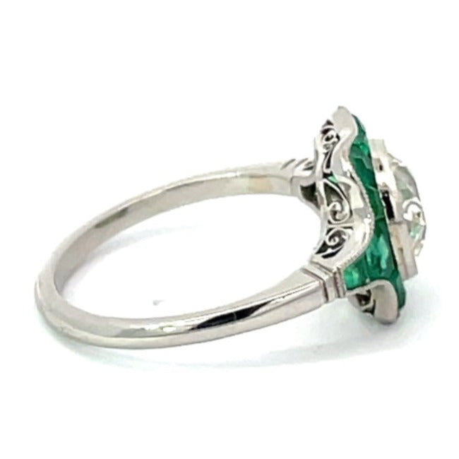 Side view of 2.06ct Old European Cut Diamond Engagement Ring, VS1 Clarity, Emerald Halo, Platinum