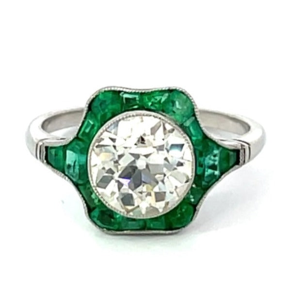 Front view of 2.06ct Old European Cut Diamond Engagement Ring, VS1 Clarity, Emerald Halo, Platinum