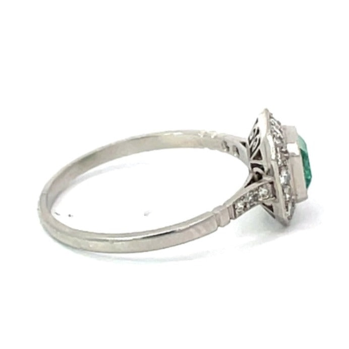 Side view of 0.63 Emerald Cut Natural Emerald Engagement Ring, Diamond Halo, Platinum