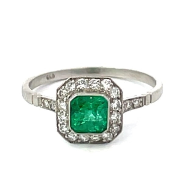 Front view of 0.63 Emerald Cut Natural Emerald Engagement Ring, Diamond Halo, Platinum