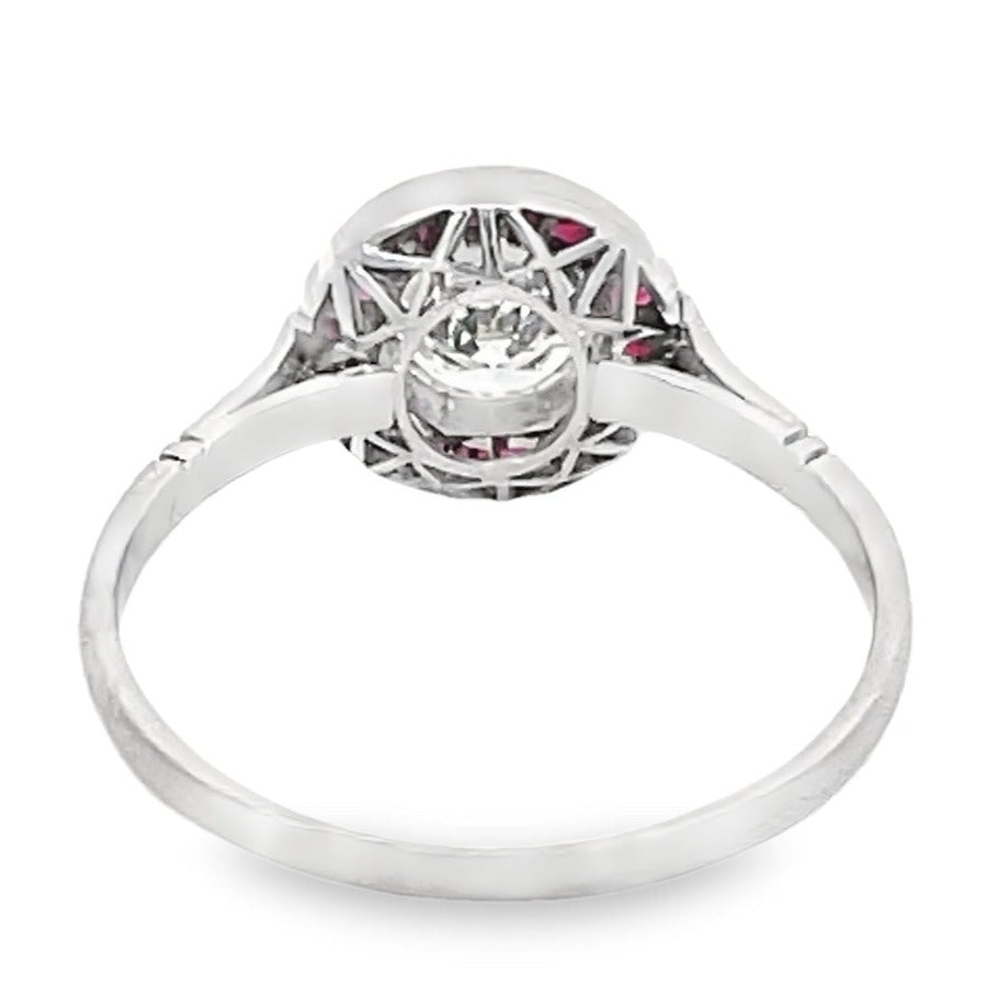 Back view of 0.74ct Round Brilliant Cut Diamond Engagement Ring, Ruby Halo, Platinum