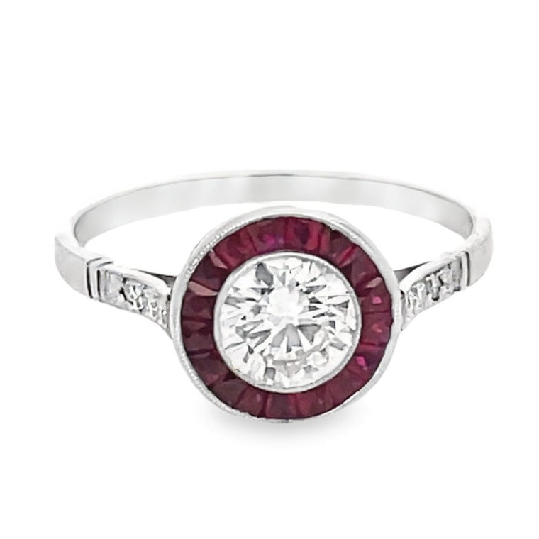 Front view of 0.74ct Round Brilliant Cut Diamond Engagement Ring, Ruby Halo, Platinum