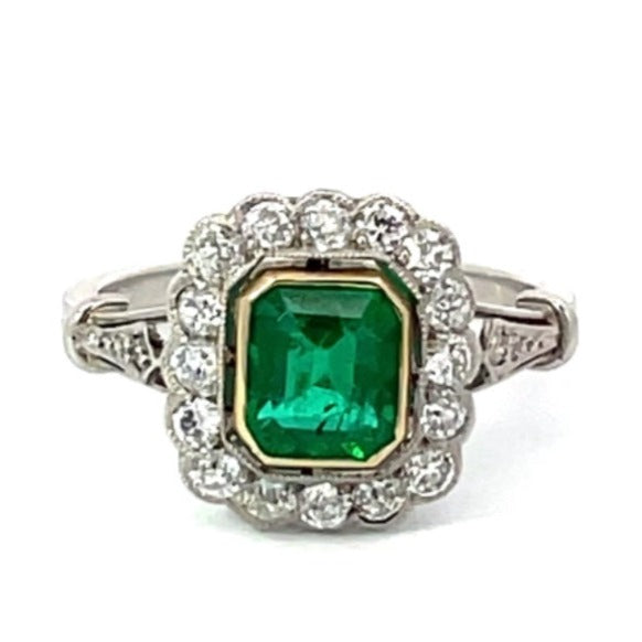 Front view of 1.15ct Emerald Cut Emerald Engagement Ring, Diamond Halo, Platinum & 18k Yellow Gold