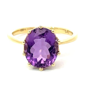 Front view of 3.38ct Oval Cut Natural Amethyst Engagement Ring, 18k Yellow Gold