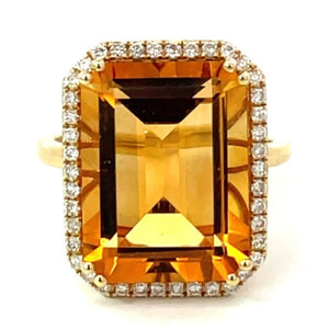 Front view of 11.35ct Emerald Cut Natural Citrine Cocktail Ring, Diamond Halo, 18k Yellow Gold