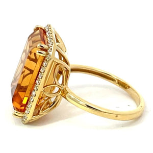 Side view of 11.35ct Emerald Cut Natural Citrine Cocktail Ring, Diamond Halo, 18k Yellow Gold