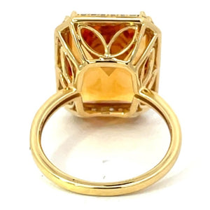 Back view of 11.35ct Emerald Cut Natural Citrine Cocktail Ring, Diamond Halo, 18k Yellow Gold