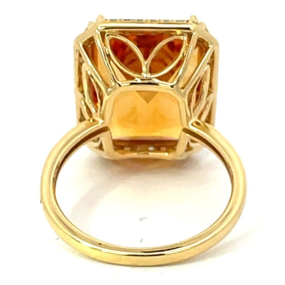 Front view of 11.35ct Emerald Cut Natural Citrine Cocktail Ring, Diamond Halo, 18k Yellow Gold