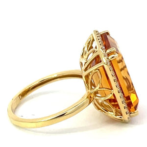 Side view of 11.35ct Emerald Cut Natural Citrine Cocktail Ring, Diamond Halo, 18k Yellow Gold