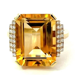 Front view of 11.35ct Emerald Cut Natural Citrine Cocktail Ring, 18k Yellow Gold