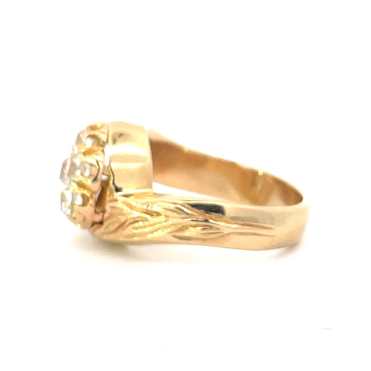 Side view of Antique 1.05ct Old Mine Cut Diamond Cluster Ring, 18k Yellow Gold