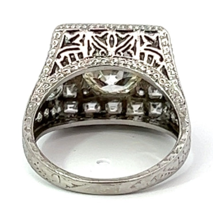 Back view of Vintage 1.75ct Old European Cut Diamond Engagement Ring, Diamond Halo, Platinum