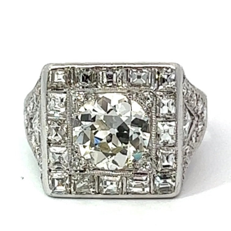 Front view of Vintage 1.75ct Old European Cut Diamond Engagement Ring, Diamond Halo, Platinum