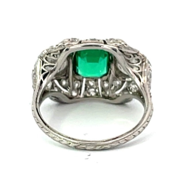 Back view of Antique 1.00ct Emerald Cut Columbian Emerald Engagement Ring, Platinum, Circa 1910