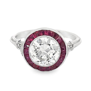 Front view of 1.59ct Old European Cut Diamond Engagement Ring, Ruby Halo, Platinum