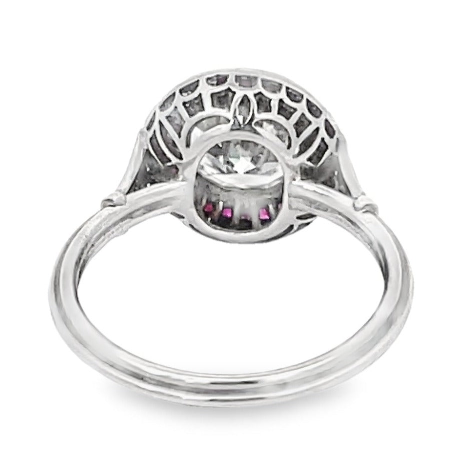 Back view of 1.59ct Old European Cut Diamond Engagement Ring, Ruby Halo, Platinum