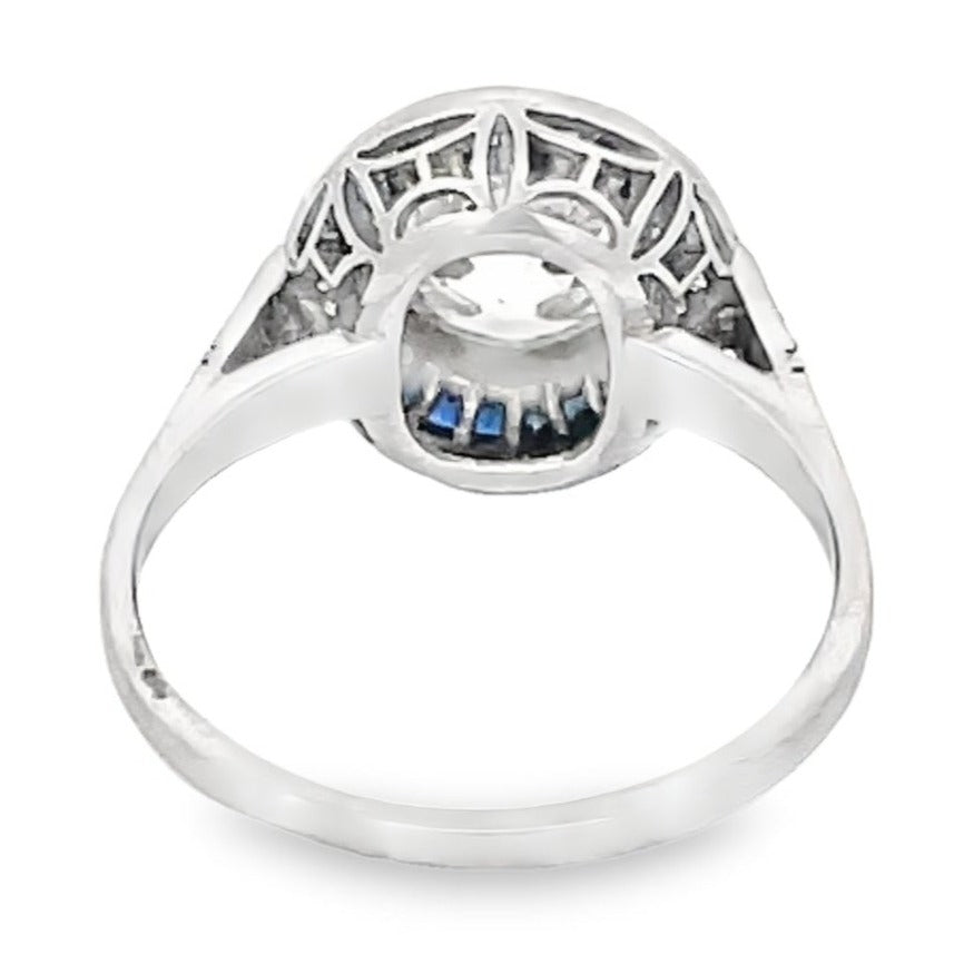 Back view of 1.41ct Old European Cut Diamond Engagement Ring, Sapphire Halo, Platinum