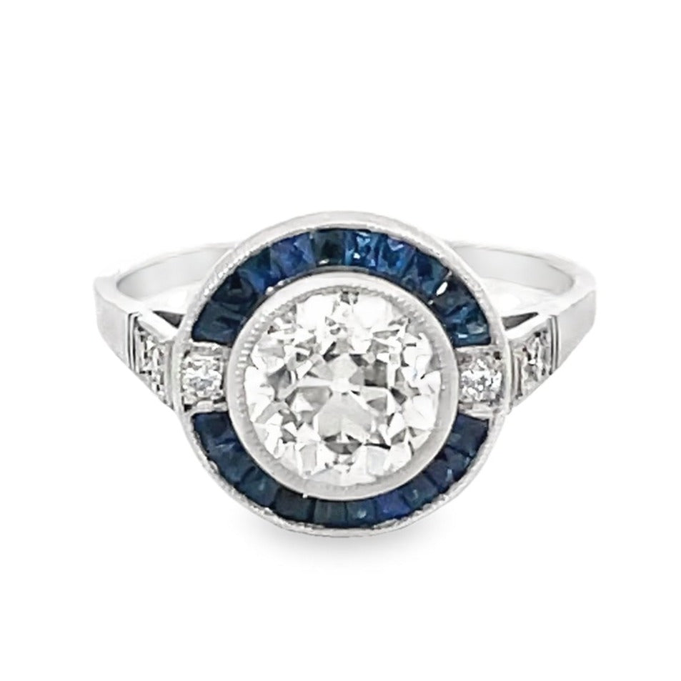 Front view of 1.41ct Old European Cut Diamond Engagement Ring, Sapphire Halo, Platinum