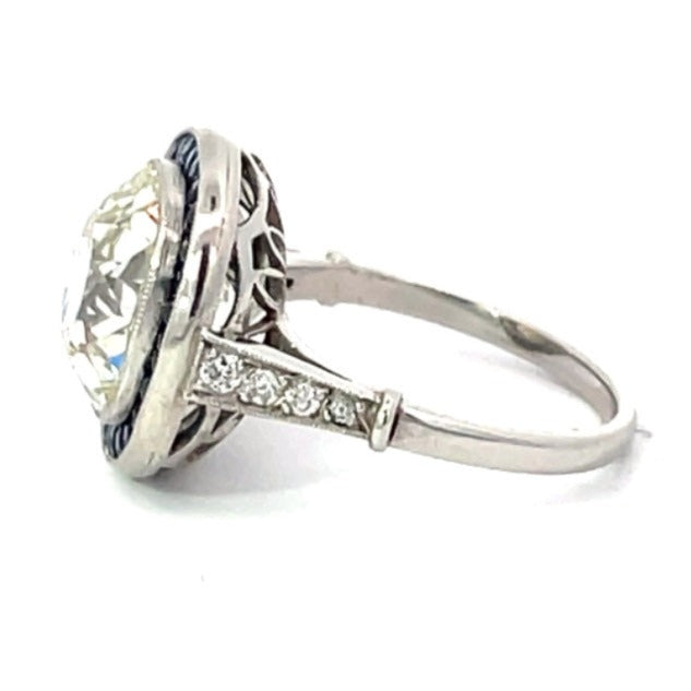 Side view of 5.15ct Antique Cushion Cut Diamond Engagement Ring, Sapphire Halo, Platinum